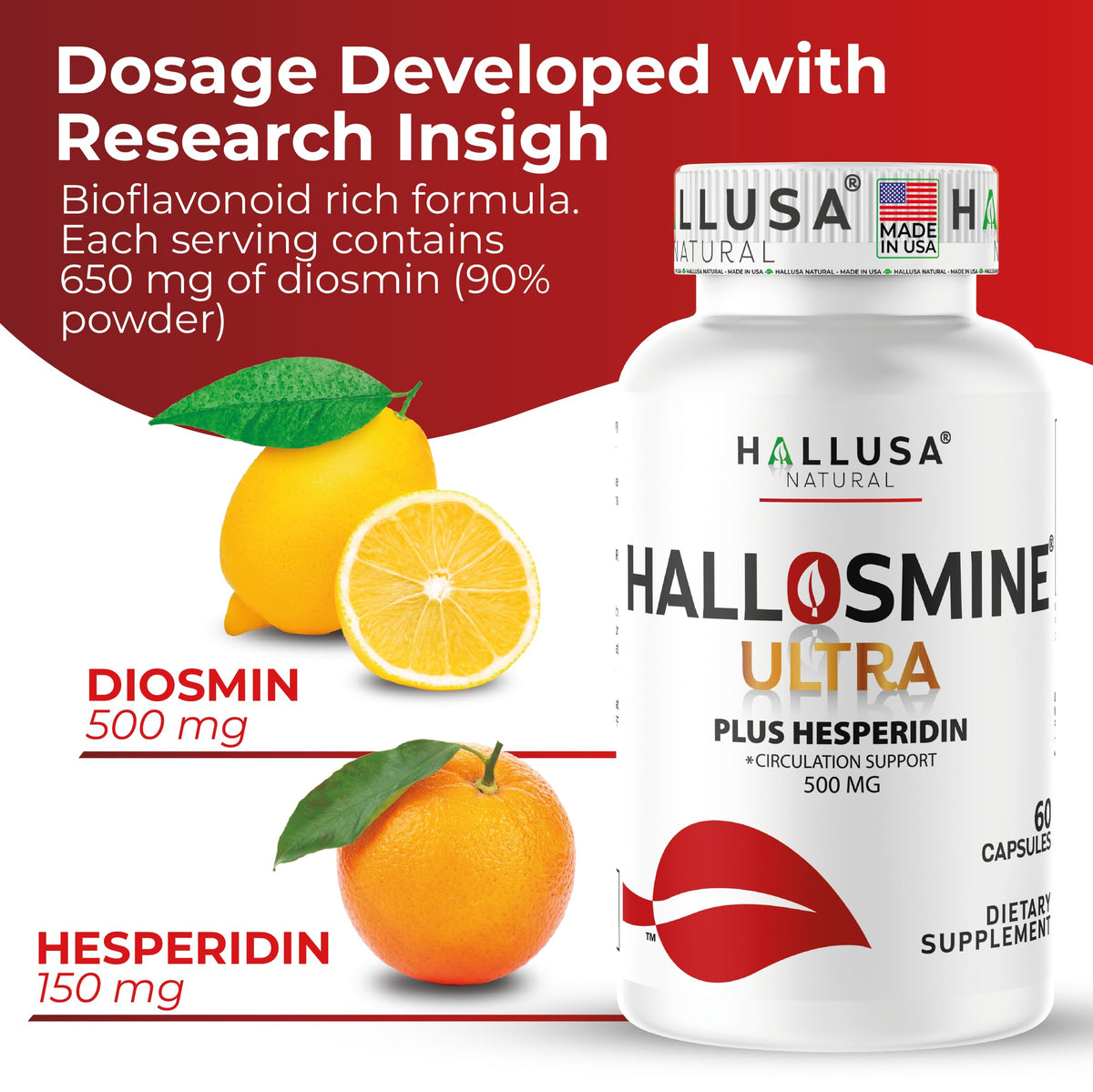 Hallusa Natural Hallosmine Ultra Diosmin 500mg & Hesperidin 150mg – Heavy Legs, Swelling & Vein - Blood Circulation Supplements, 60 Caps