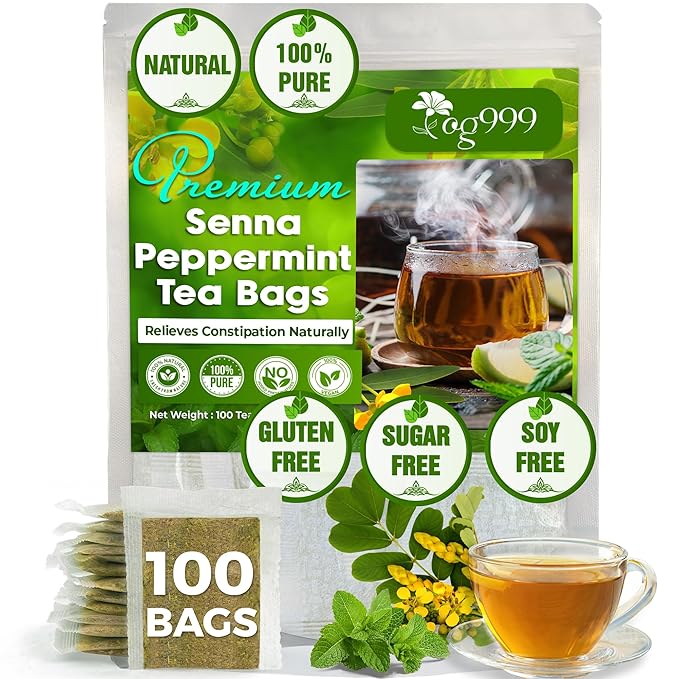 TOG999 100 Tea Bags Relieves Constipation Natural Tea, Blend of Senna Leaves - Peppermint - Licorice - Fennel, 100% Natural Ingrendients, Hand-made Herbal Tea, No Sugar, No Caffeine, No Gluten, Vegan.