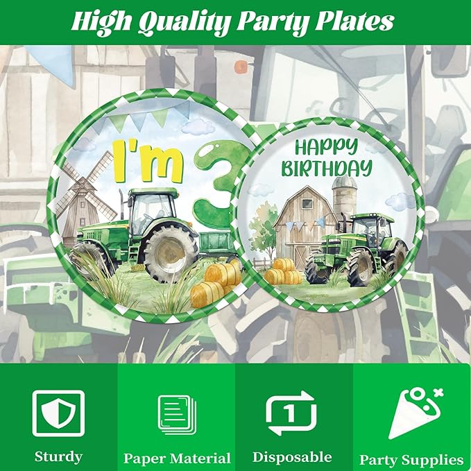 Rakuto Tractor Birthday Party Decorations, 96PCS Tractor 3rd Birthday Disposable Paper Plates and Napkins Decorations, Farmer Themed 3 Years Old Tractor Decor Supplies Serve 24
