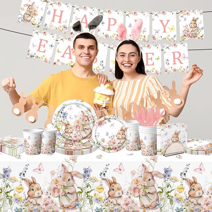 Easter Bunny Decorations-142Pcs Floral Bunny Tableware Happy Easter Plates and Napkins Kit Vintage Rabbits Spring Party Supplies for Kids