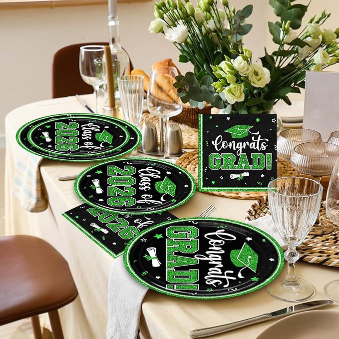 Black and Green Graduation Decorations,200Pcs Black and Green Graduation Plates and Napkins Congrats Grad Class Of 2026 Plates for Graduatio Party Supplies ,Serve 50