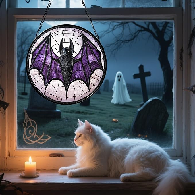 Stained Glass Window Hanging - Halloween Black Bat Purple Wings Monster Suncatcher for Doors Garden Home Spooky Sun Catchers Gothic Decor Horror Gift for Women Men Friend Boy Girl 9.8 in