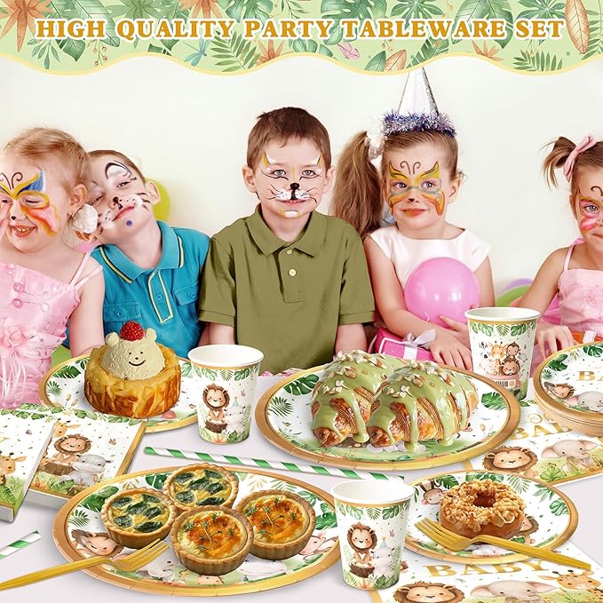 144 Pcs Safari Baby Shower Plates and Napkins (Serves 24 Guests), Plates Napkins Cups Straws and Forks Sets, Party Supplies, Jungle Safari Baby Shower Decorations