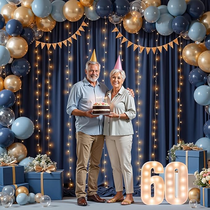 20 x 10ft Navy Blue Backdrop Curtains with Lights String Wrinkle Free Polyester Photo Backdrop Drapes Soft Fabric Curtains for Graduation Birthday Parties Wedding Shower Reception Events-5 x 10ft x 4P