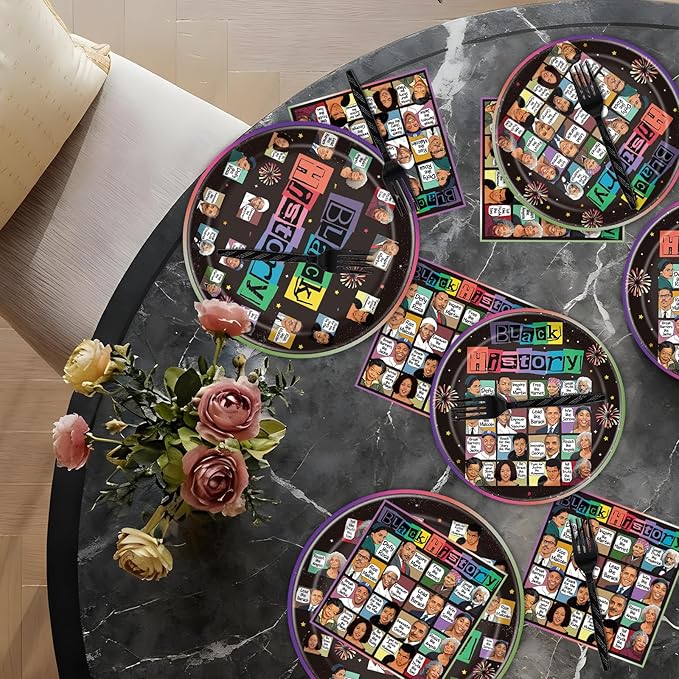Rakuto Black History Month Decorations Tableware, 96PCS Juneteenth African American Famous People Disposable Paper Plates and Napkins Decoration, Happy June African Themed Party Forks Decor