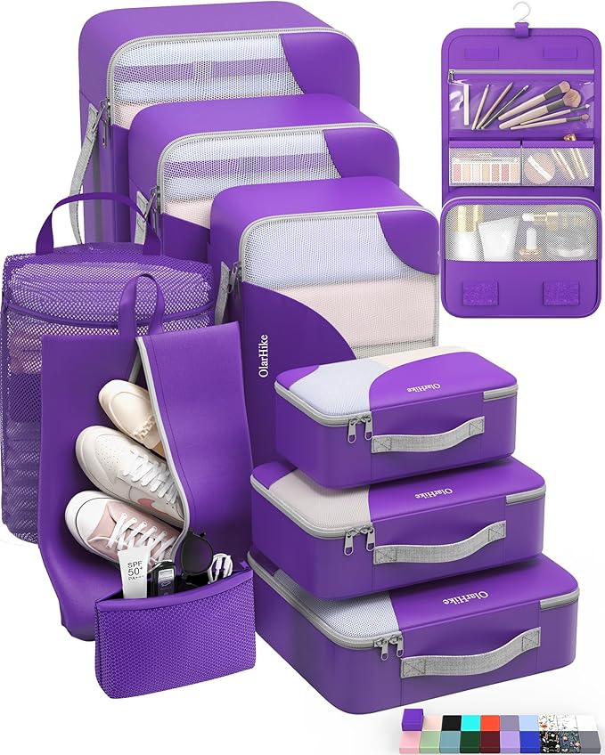 10 Set Packing Cubes for Travel, Gifts for Women Mom,Anti-Tearing Suitcase Organizer for Luggage with Shoe & Hanging Toiletry Bag,OlarHike Vacation Essentials & Accessories for Cruise Ship