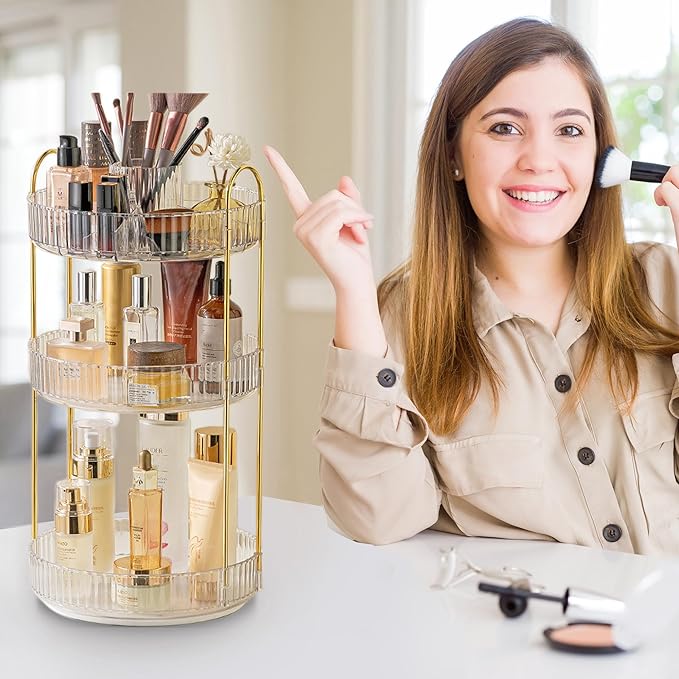 Aveniee Rotating Makeup Organizer for Vanity, 3 Tier Perfume Skincare Organizers and Storage for Bathroom Countertop, Clear Spinning Counter Cosmetic Holder for Dresser,White