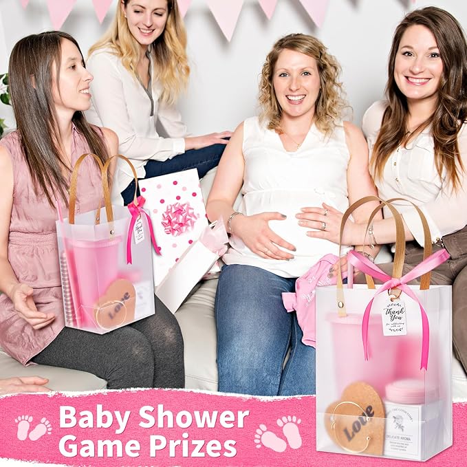 56Pcs Baby Shower Prizes for Game Winners Baby Shower Favors Gifts including Plastic Tumbler Notebook Scented Candles Ballpoint Pen Mirrors with Hair Brushes Bracelet Gift Bag (Pink)