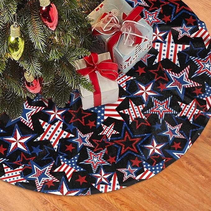 American Flag Patriotics Tree Skirt 4th of July Memorial Day Veterans Day Christmas Tree Skirt Xmas Tree Mat Christmas Tree Ornaments Decorations Holiday Party Indoor Outdoor 36"