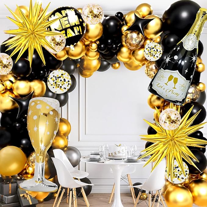 106 Pcs Gold Happy New Year Balloons, Huge Black Gold Champagne Bottle Goblet Aluminum Foil Balloons for New Years Eve Party Decorations Supplies Nye Decorations 2026