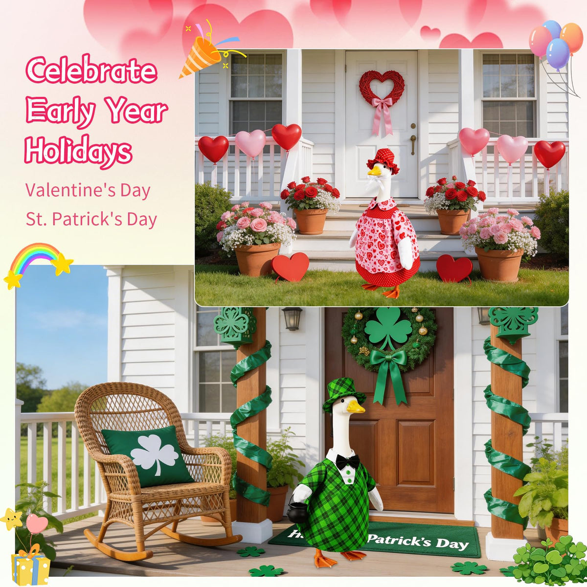 10 Set Porch Goose Outfits for 23" Lawn Goose Statue,All Seasons Goose Clothes Bundle with Valentine St Patrick Easter Spring Floral Raincoat Summer Patriotic Halloween Thanksgiving Christmas Costumes
