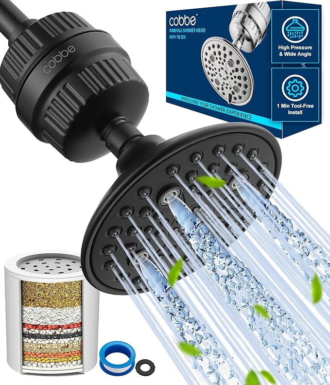 Cobbe 6-Setting High Pressure Filtered Shower Head Combo, Detachable Rain Shower Head with 20 Stage Shower Head Filter for Hard Water - Remove Chlorine and Harmful Substances, Black