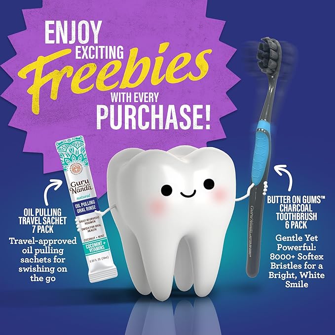 GuruNanda Total Smile Makeover Kit Charcoal with Cocomint Oil Pulling, Dual Barrel Whitening Mouthwash, Whitening Strips & Charcoal Butter on Gums Toothbrushes