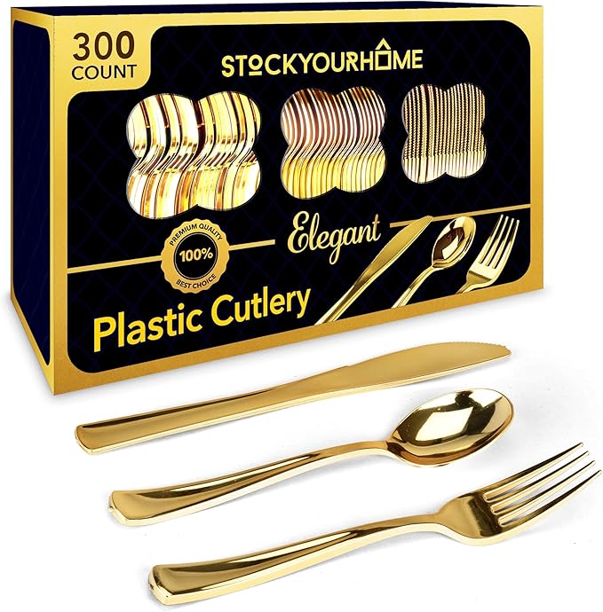 Gold Plastic Silverware Set (300-Pack) – Disposable Heavy Duty Cutlery, 100 Forks, 100 Knives, 100 Spoons for Parties, Weddings, Dinners & Holidays