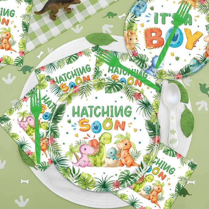 Rakuto Dinosaur Baby Shower Decorations, 96PCS Hatching Soon Baby Shower Disposable Paper Plates Napkins Party Decorations, Watercolor Dinosaur It's a Boy Forks Decor Supplies Serves 24