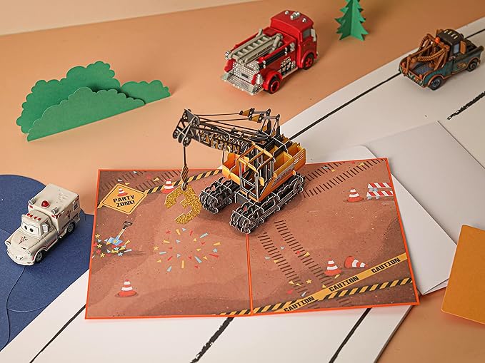 Liif Crane Truck Happy 3rd Birthday Card,3D Greeting Pop Up Birthday Card For 3 Years Old For Boy, Nephew, Grandson, Toddler,Fun Construction Vehicle Card,With Message Note & Envelop,Size 7x5 Inch