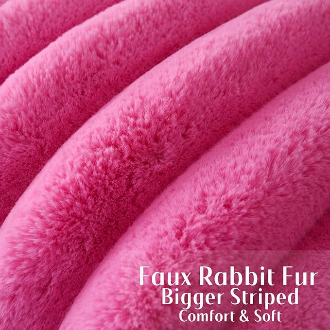 FUTEI Hot Pink Decorative Throw Pillow Covers 12x20 Inch Set of 2, Square Soft Faux Rabbit Fur Thick Striped Lumbar Pillow Case,Winter Home Decor for Couch Bed Living Room