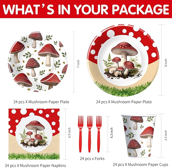 APOWBLS Mushroom Birthday Decorations Party Tableware - Mushroom Baby Shower Decorations And Supplies, Paper Plate, Cup, Napkin, Disposable Disposable Fork | Serves 24