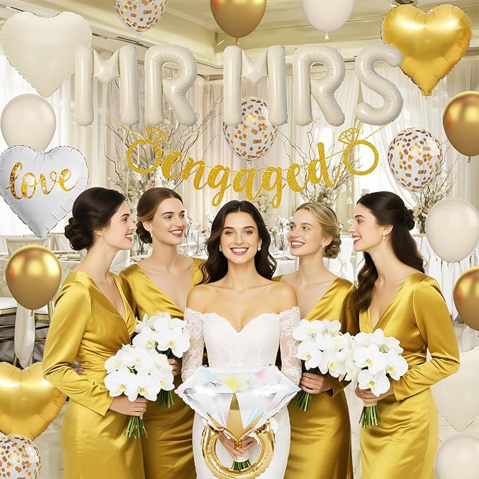 Sand White Engagement Party Decorations, MR and MRS Balloons Decor, White Gold Confetti Balloons, Love Heart and Diamond Ring Foil Balloon with Engaged Banner for Wedding Engagement Party Decoration