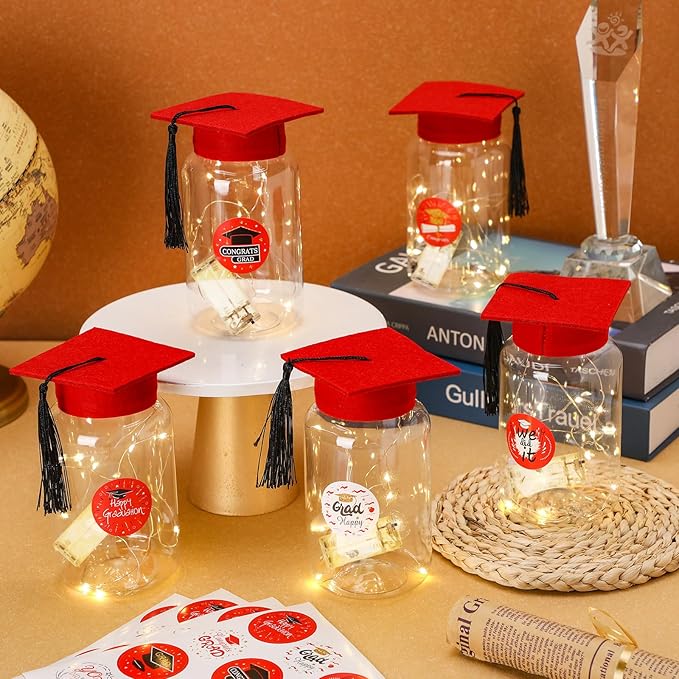 Boao 16 Sets Graduation Table Decoration Set with LED Light up Graduation Decorations for Class of 2026, Grad Jar, Felt Grad Hat and Stickers for High School College(Red,Vivid)