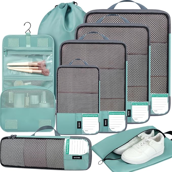 BAGAIL 4 Set/6 Set/8 Set Compression Packing Cubes Travel Accessories Expandable Packing Organizers(HalfMesh,8-DustyBlue)