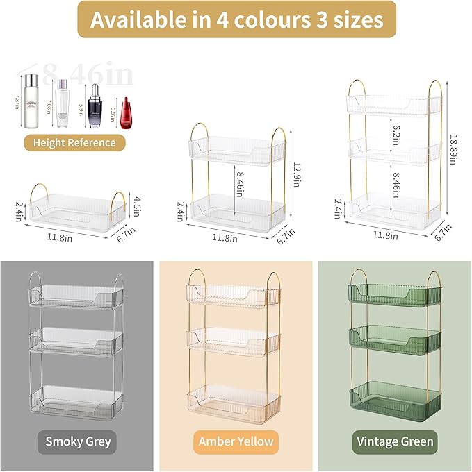 YCIA&DONE Bathroom Organizer Countertop, Makeup Storage, Skincare Cosmetic Tray Shelf, Perfume Holder Rack for Vanity Counter, Large Capacity, Easy to Install, Clean, 3 Tiers, Clear White