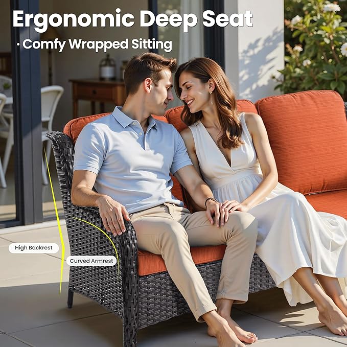 ovios 5 Pieces Patio Furniture Set with 30" Fire Pit Table, Outdoor Wicker Sofa with Loveseat, Comfy Cushions, High Back Couch Conversation Set, Brown Rattan, Orange Red