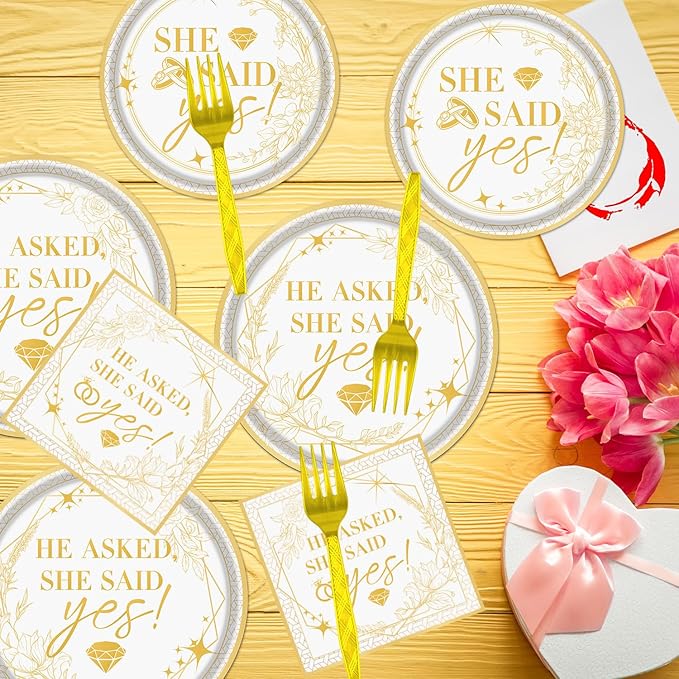 Rakuto Engagement Party Tableware Decorations, 96PCS She Said Yes Disposable Plates and Napkins Forks Set, Bridal Shower Wedding Plates and Napkins Dinnerware Sets