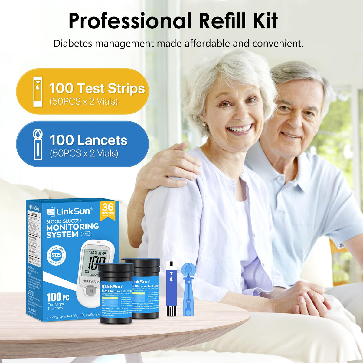 G-425-1 Blood Glucose Monitor Kit, 100 Test Strips &100 Lancets, 1 Control Solution, 1 Blood Sugar Monitor, 1 Lancing Device, Diabetes Testing Kit, No Coding, Large Display, Glucometer for Home Use