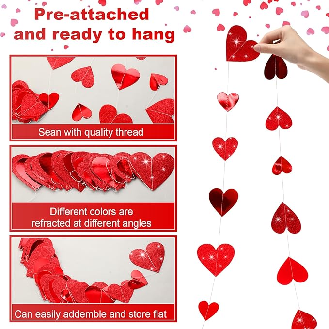 10 Pack 130ft Glitter Red Holographic Heart Party Garland Asymmetrical Love Hanging Banners for Birthday Wedding Decorations Mothers Day Bachelorette Bridal Shower Engagement