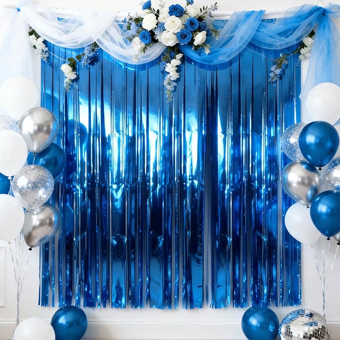 jijAcraft 3 Pack Metallic Blue Tinsel Foil Fringe Curtain, Party Photo Backdrop, Lake Blue Streamers for Ocean Themed Mermaid Under the Sea Party Boy Birthday Baby Shower Graduation Decorations