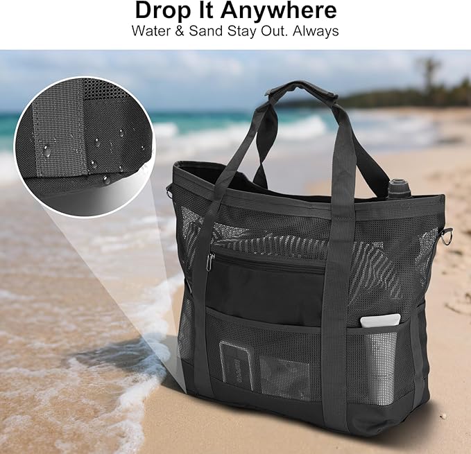 Mesh Beach Bags for Family - Women Beach Tote Bag for Toys, Towels, Travel Vacation Cruise Essentials