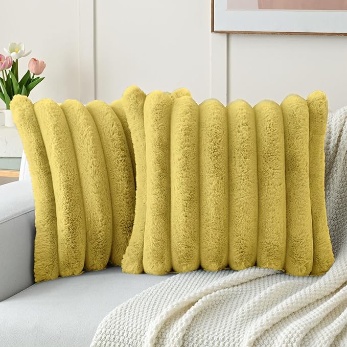 FUTEI Mustard Yellow Decorative Throw Pillow Covers 16x16 Inch Set of 2, Square Soft Faux Rabbit Fur Big Striped Cushion Cover,Home Decor for Couch Sofa Bed Living Room