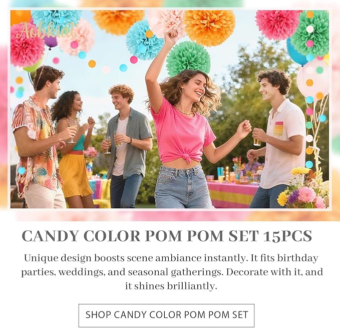 AOBKIAT Rainbow Birthday Decorations for Girls Women,15PCS Colorful Tissue Paper Pom Poms,Paper Garland String,for Candyland Theme Baby Shower Wedding Fiesta Party Hanging Backdrop