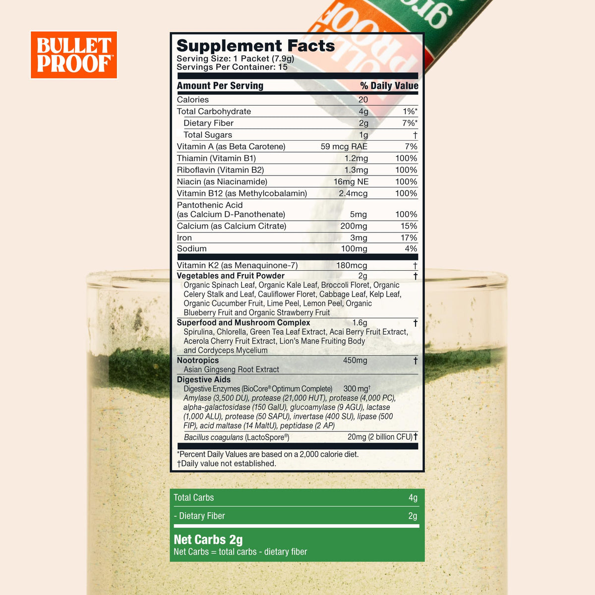 Bulletproof Greens Packets, 15 Count, Daily Greens Powder with Superfoods and Nootropics, Full Serving of Vegetables, Essential Nutrients