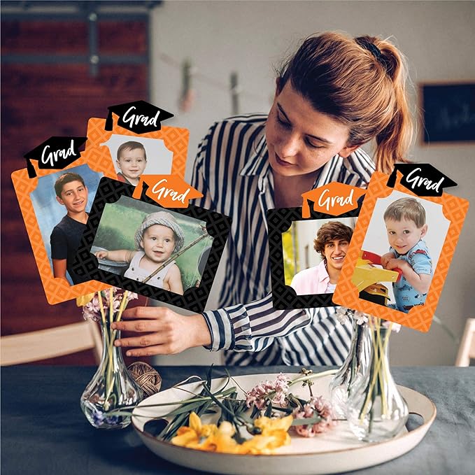 Orange Grad Graduation Photo Display Centerpiece Kit - 15 Double-Sided Photo Table Topper Sticks, Vertical and Horizontal 4x6 Picture Holders, DIY Party Decoration Set