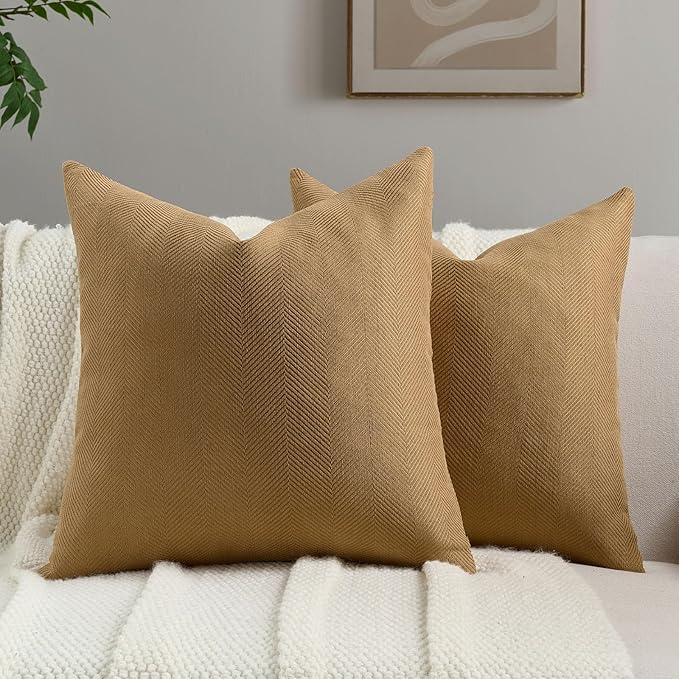 FUTEI Camel Chenille Throw Pillow Covers 16x16 Inch Set of 2,Soft Wide Chevron Textured Cushion Case,Farmhouse Home Decor for Couch Bed Living Room