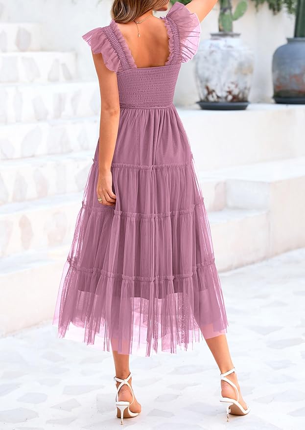 PRETTYGARDEN Women's Summer Tulle Midi Dress Sleeveless Smocked Ruffle Flowy Mesh Dresses Party Wedding Guest Sundress