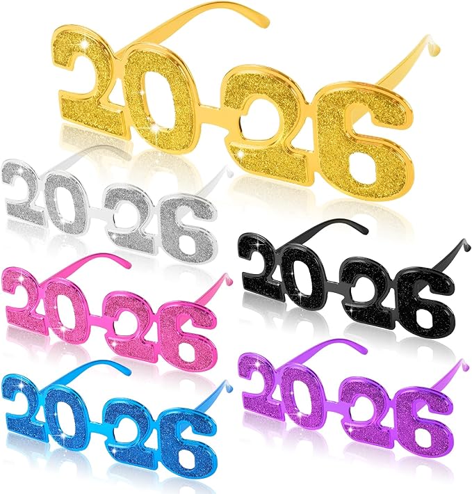 2026 Plastic Glasses Happy New Year Glitter Eyeglasses for 2026 Party New Year Eve Costume Photo Prop Supplies