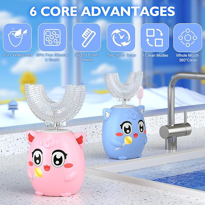 Kids Electric U Shaped Toothbrush Children Rechargeable Sonic Toothbrush with 6 Soft Brush Head Automatic Full Mouth 6 Cleaning Modes - (Age 2-7 Yellow)