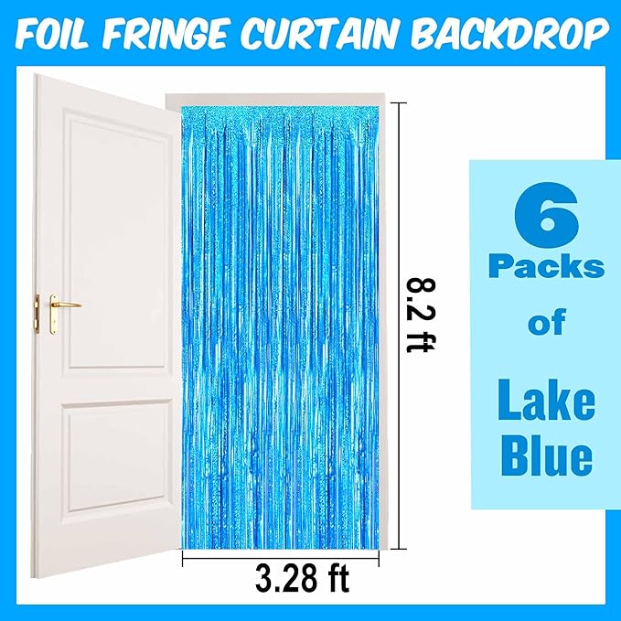 6 Pack Lake Blue Foil Fringe Curtains Backdrop, 3.28 x 8.2 Ft Metallic Streamers Tinsel Curtains Background for Photo Booth, Birthday, Christmas, Halloween, Thanksgiving, New Year Party Decorations