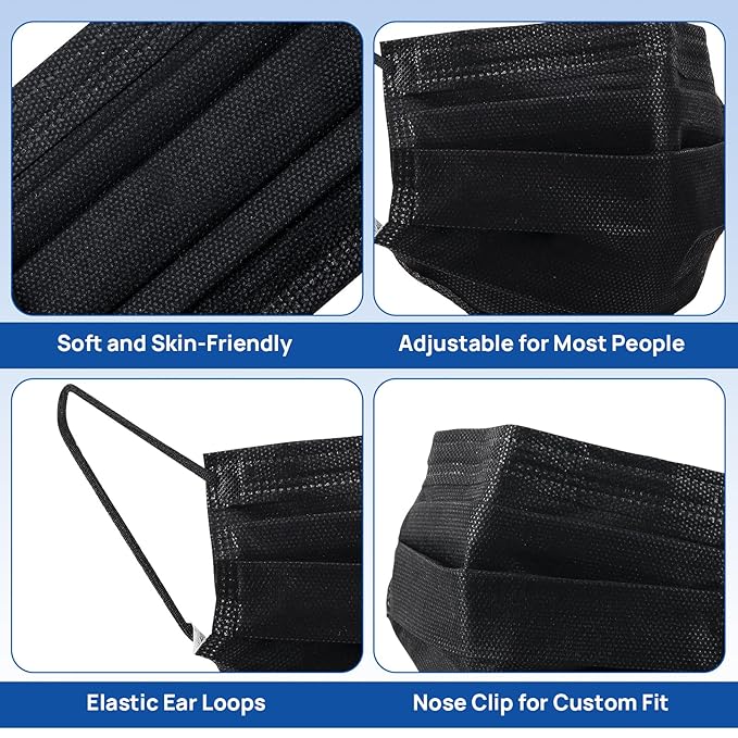 JMU Level 3 Black Disposable Face Mask 4-Ply Medical Grade, 50 Pack