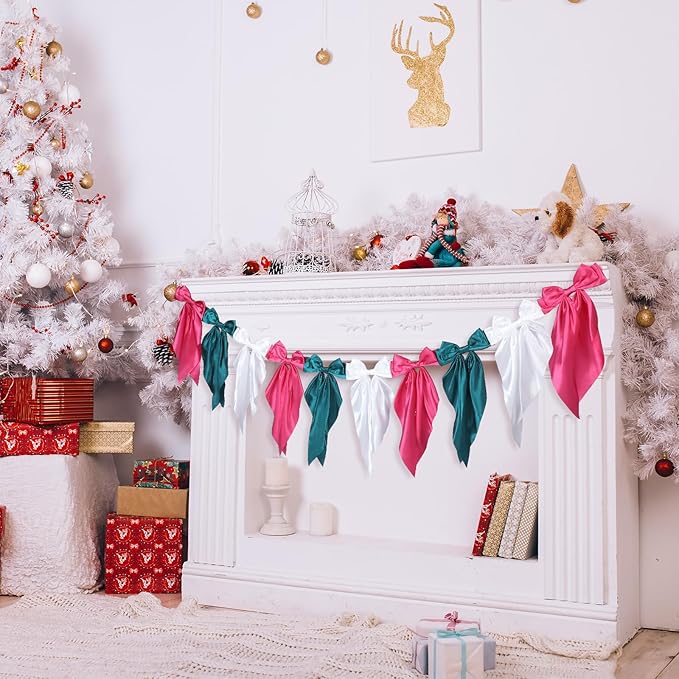 VitalCozy 1 PCS Christmas Bow Garland Banner, Satin Ribbon Hanging Party Bow Garland Decoration for Holiday Birthday Party Supplies