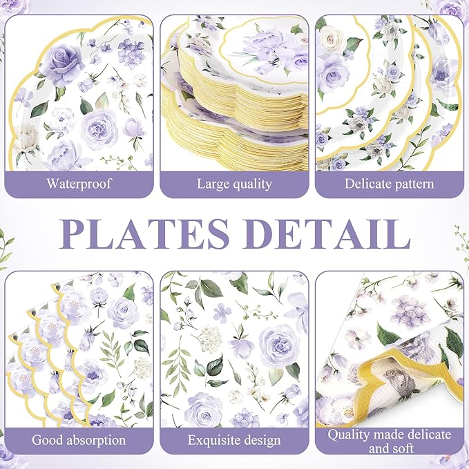 Pickmesh 194 Pcs Purple Floral Party Supplies for 24 Guests, Spring Floral Paper Plates and Napkins Cups Tablecloth Cutlery for Women Birthday Tea Bridal Shower Garden Party Supplies
