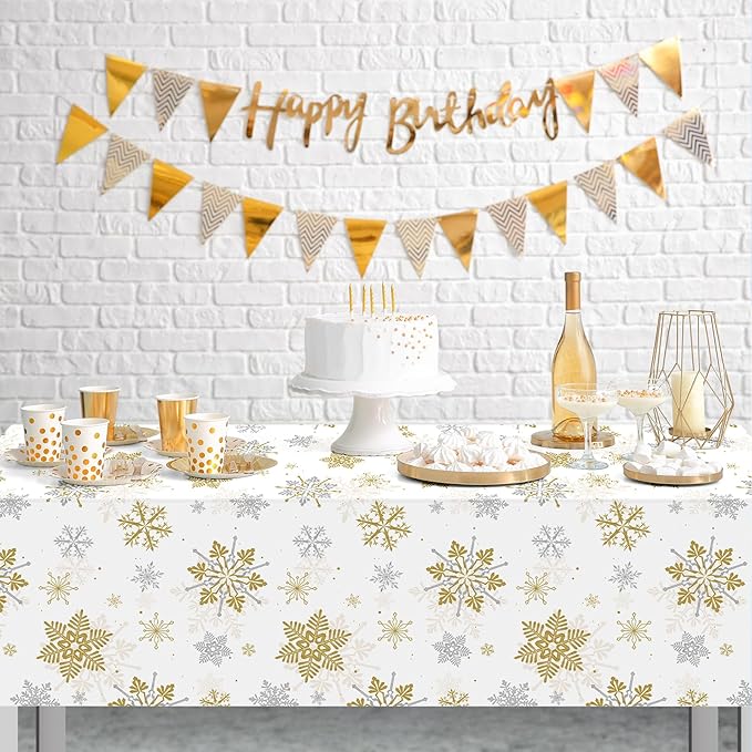 Jectivs 3Pcs Christmas Snowflake Party Tablecloths Decorations,Plastic White and Gold Table Cloth,Winter Rectangle Cover for New Year Birthday Baby Shower Holiday Decorations,54x108 inch