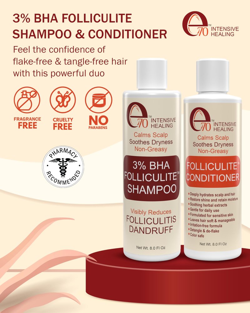 Folliculitis Treatment Shampoo and Conditioner with 3% BHA, Salicylic Acid, Aloe Vera & Tea Tree Oil - Anti Itch Shampoo for women & men with Flaky Scalp Treatment Acne, Made in USA by e70, 8 fl oz