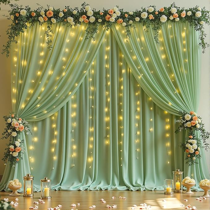 10 x 10ft Sage Green Backdrop Curtains with Lights String Green Polyester Photo Drapes Wrinkle Free Curtains Backdrop for Birthday Parties Wedding Reception Baby Shower Ceremony-5 x 10ft x 2P