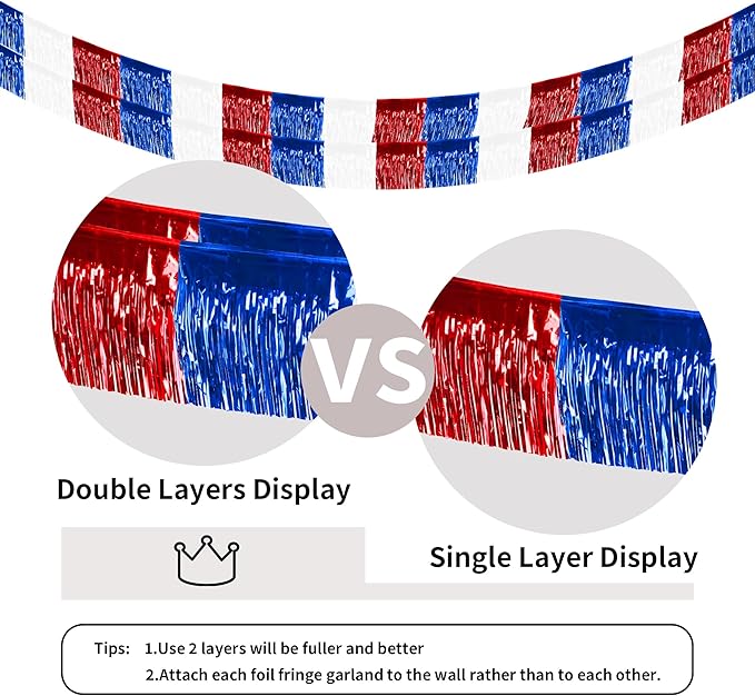 4 Packs 10 Feet Long Foil Fringe 4th of July Garland Memorial Day USA Red White Blue Independence Day Tinsel Metallic Patriotic Wall Hanging Banner for Car Parade Floats Garden Decorations