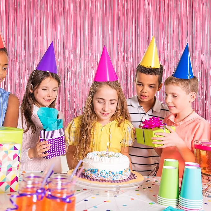 2 Pack Glitter Pink Backdrop, Pink Party Streamers Birthday Party Decorations, Laser Pink Fringe Curtains Foil Streamer Tinsel, Pink Curtains Photo Backdrop Happy Birthday Backdrop