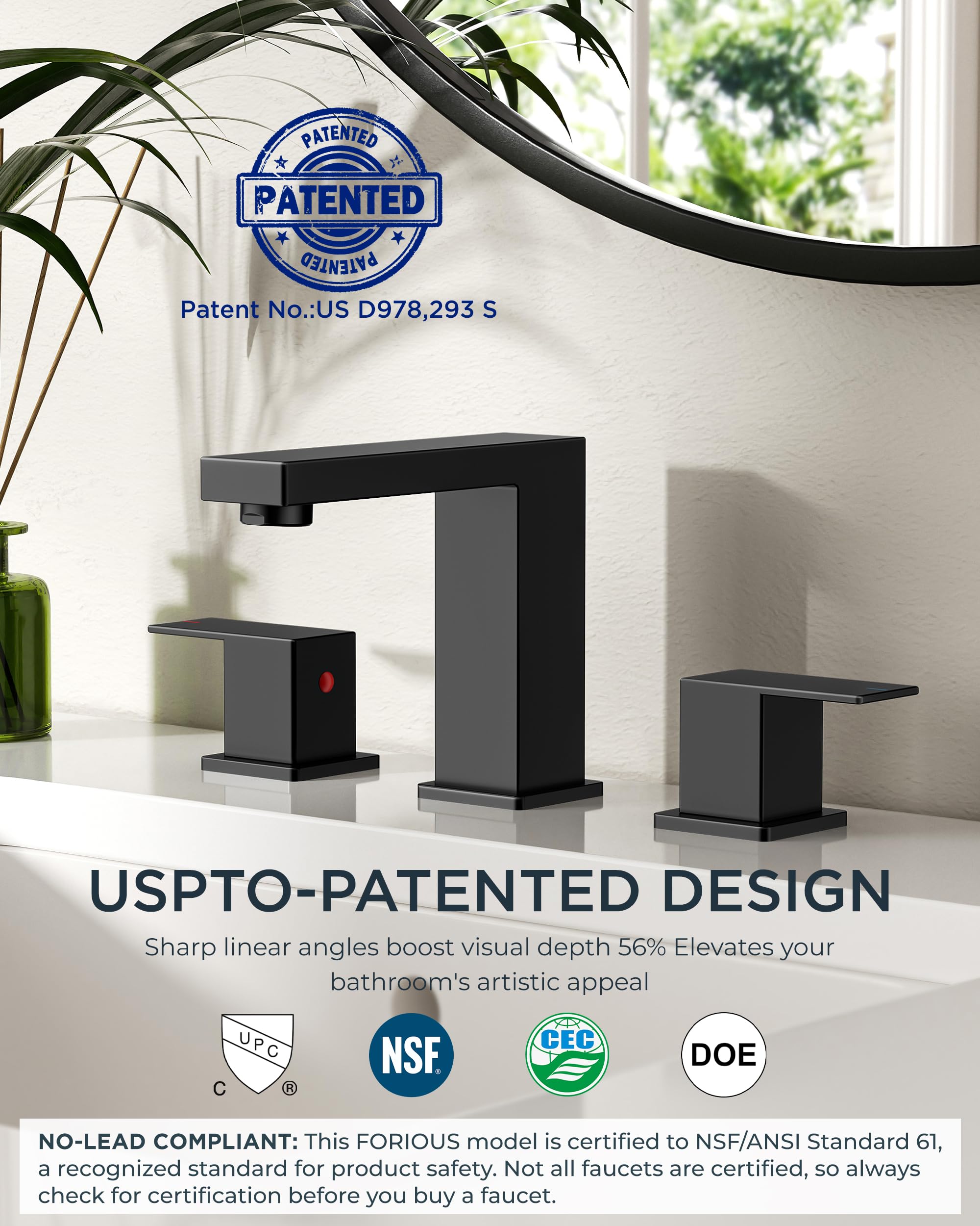 FORIOUS Black Bathroom Faucet 3 Hole, Matte Black Bathroom Sink Faucet Wide